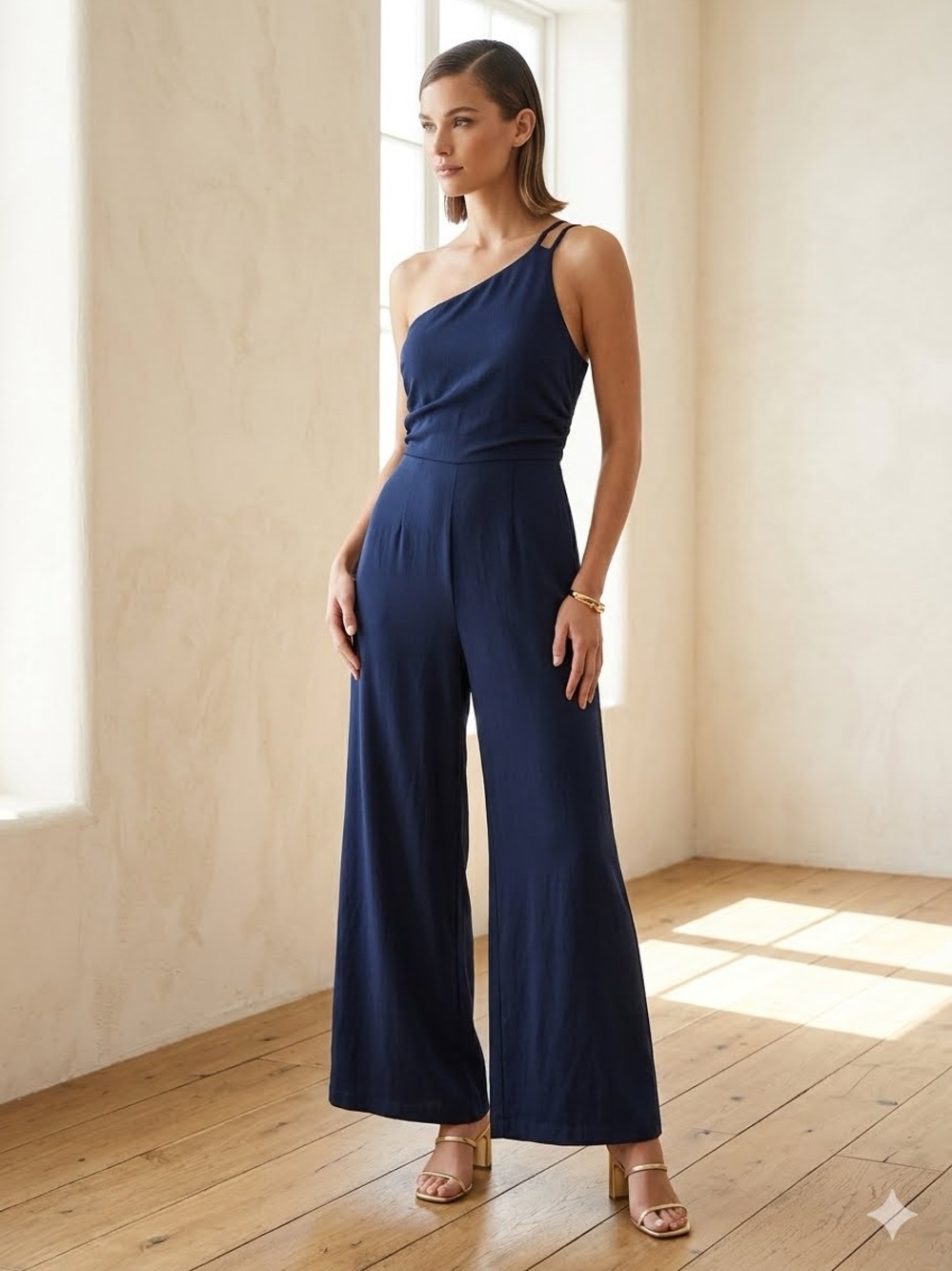Viscose blend One-Shoulder Navy Wide Leg Jumpsuit